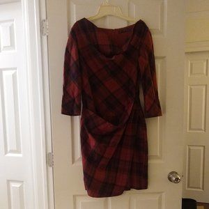 Peruvian Connection Reddish Brown Plaid Faux Wrap Sheath Size 4